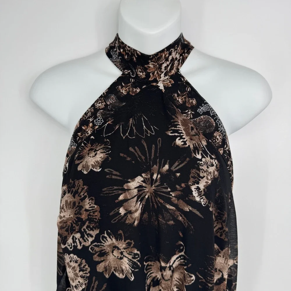 Free People Katerina Mini Dress Large Black Floral Halter Neck Boho Party Chic